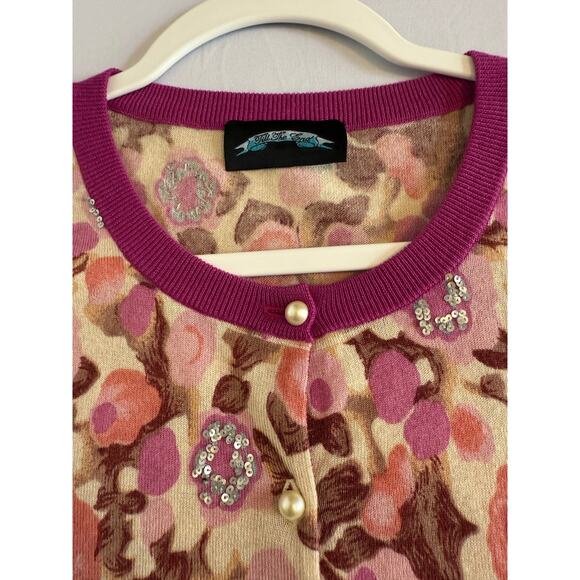 Till The End Womens L Silk Cashmere Colorful Floral Sequins Pearl Knit Cardigan - Picture 3 of 11